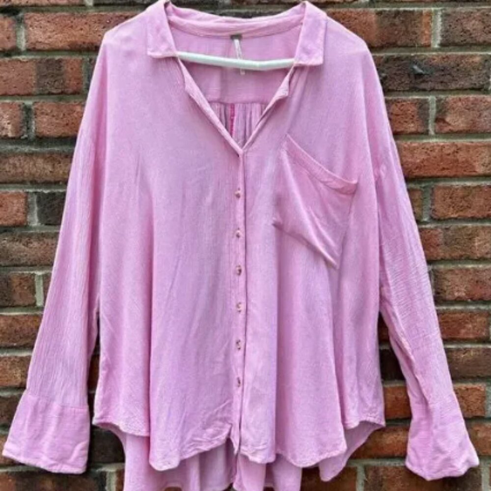 Free People Gauze Shirt Long Sleeve Pink Stripe Pocket High Low Button Up XS